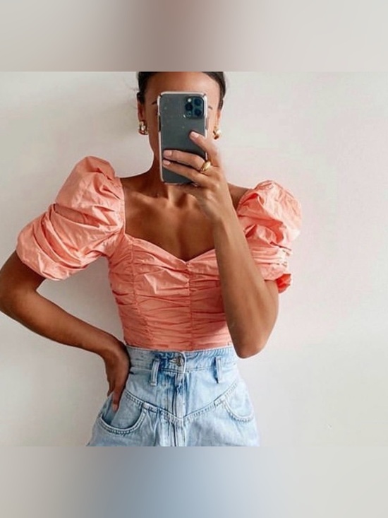 Zara Tops - Zara Peach Puff Sleeve Ruched Sweetheart Crop Top